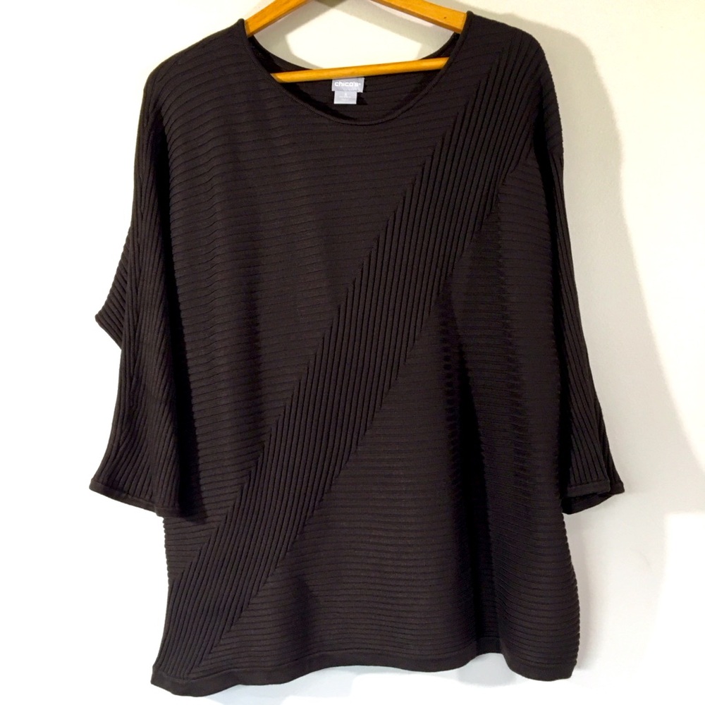 Chico’s Mocha Mousse Brown 3/4 Sleeve Geometric‎ Ribbed Knit Top Chicos Size 3